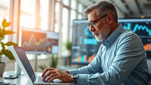 Mature man evaluates data charts on laptop, focusing on employee engagement strategies.
