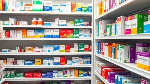 Blurry pharmacy shelves with medicine boxes for health care employee financial concern.