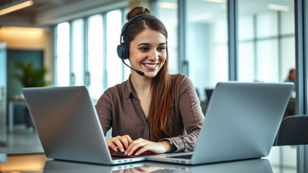 AI in recruiting: Woman using laptop and headset in office.