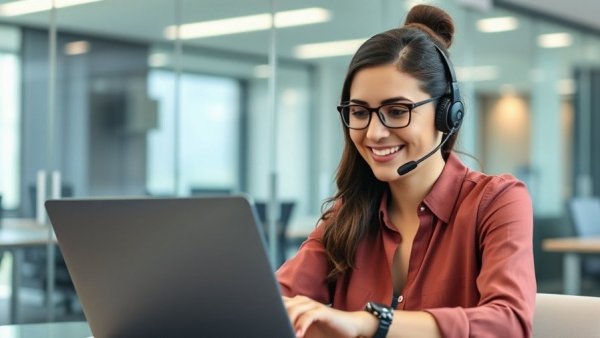 AI in recruiting: Smiling woman using a laptop in a modern office.