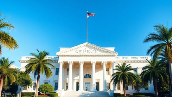 White government building with columns, palm trees, sunny day.