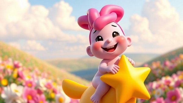 Cheerful cartoon character rides star with a vibrant landscape background.