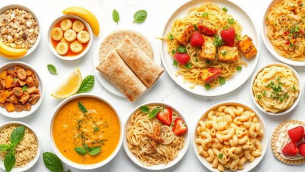 Colorful healthy family meals collage featuring diverse dishes.