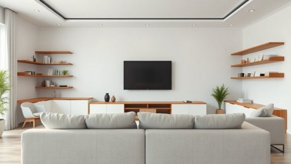 Modern living room layout mistakes with large TV and minimal decor.