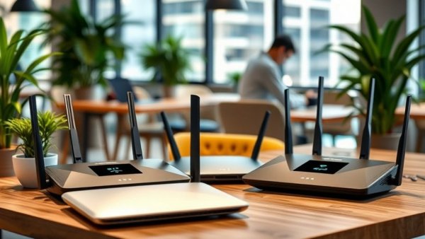 Display of best long-range Wi-Fi routers 2026 in an office setting.