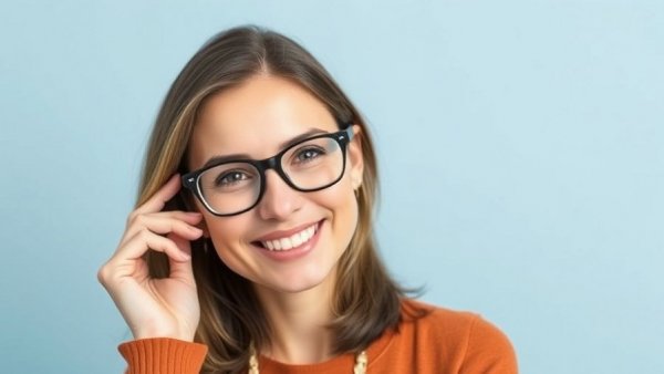 Confident woman with glasses smiling, related to artificial intelligence news.
