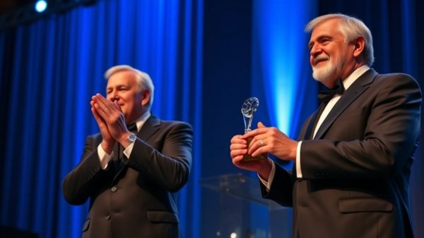 Distinguished gentlemen at awards, blue lit stage, AI software connection.