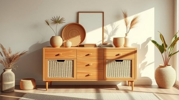 Scandinavian-style room with wooden dresser and woven baskets in natural light.