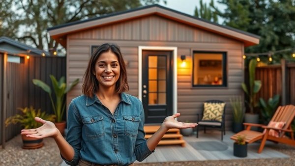 Smiling woman presenting in front of modern tiny house on a sunny day