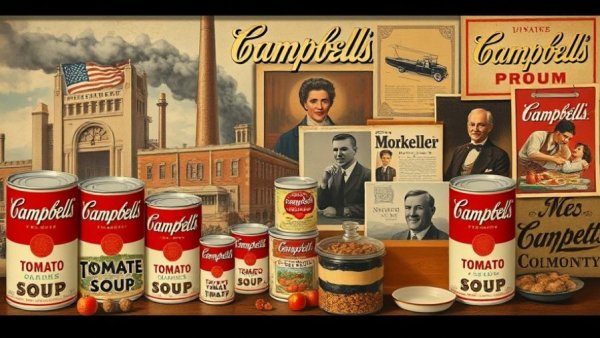 Campbell's history and legacy collage with iconic products and images.