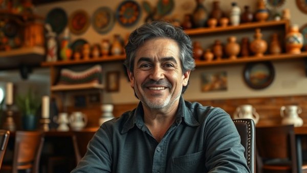Smiling person at Santoro’s Mexican Restaurant Omaha, with decorative pottery.