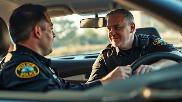 Police officer communicating with driver through car window, natural lighting.