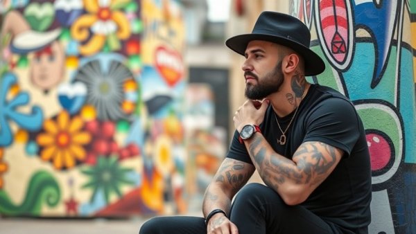 Tattooed man sitting in front of a colorful mosaic, San Antonio festivals