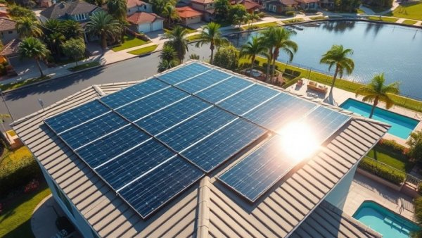 Rooftop solar panels in Florida neighborhood with pool, Best Solar Companies In Florida.