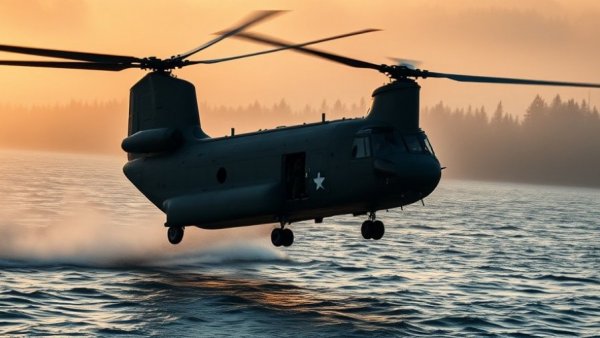 MH-47G Chinook helicopter contract, hovering above water with soldiers jumping, dynamic scene.