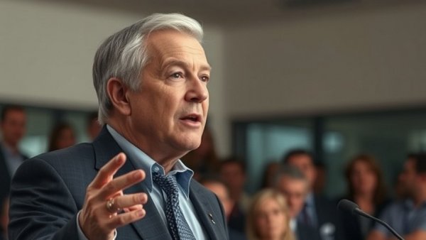 Confident public speaker discussing workforce strategy.