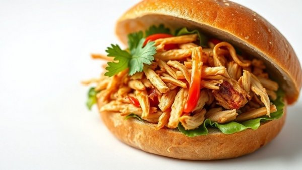 Slow cooker gochujang chicken sandwich with fresh greens close-up.