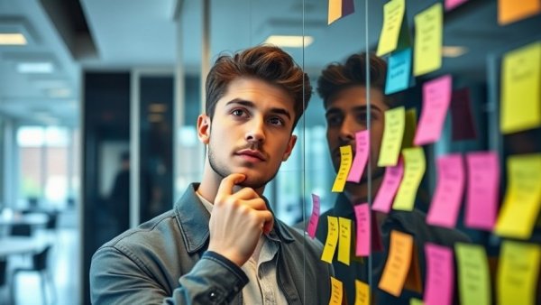 Focused young man boosting L&D success with sticky notes, modern office.
