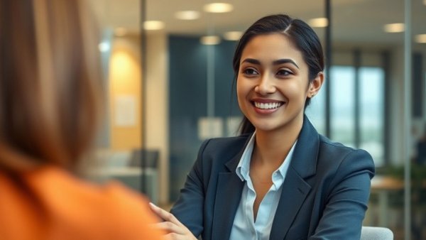 Young professional woman smiling confidently in a job interview, capturing Gen Z job interview trends.