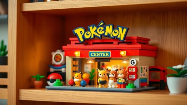 Pokémon Center LEGO set displayed on a wooden shelf.