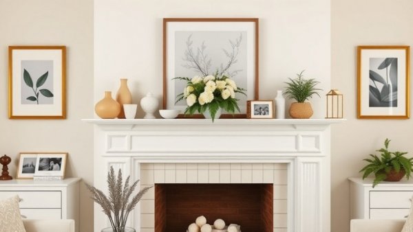 Beautiful fireplace mantle decorated with paintable household items.