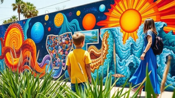 Colorful mural at San Antonio arts event with people observing.