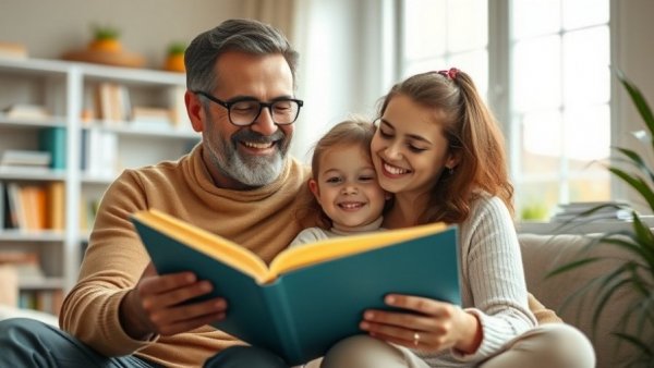 Father and daughter enjoying slow parenting moment reading together.