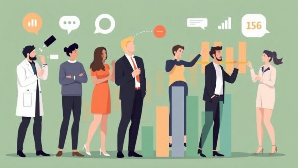 Stylized professionals engaging with bar charts representing customer experience measurement