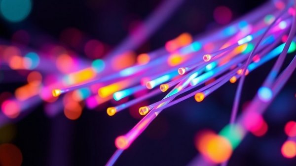 Fiber optic cables glowing, showcasing internet connectivity in Minnesota.