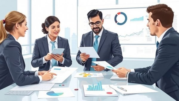 Professionals discussing HR technology with graphs and symbols in modern office