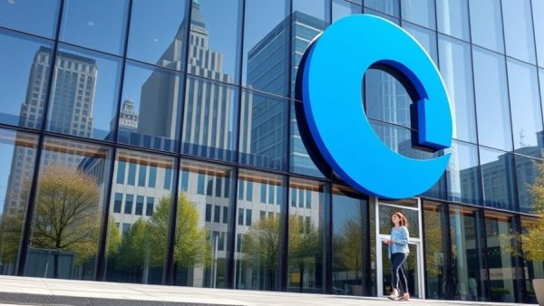 Modern office building with logo and lively cityscape reflection, AI literacy and change management theme.