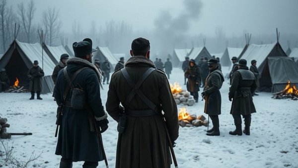 Conway Cabal era soldiers in winter encampment scene.