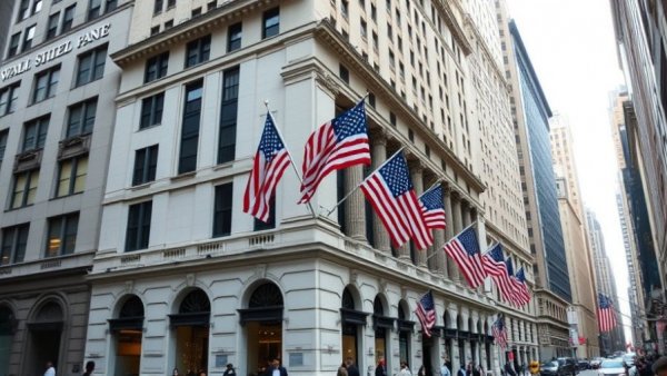 Wall Street building with American flags reflecting identity politics in hiring practices.