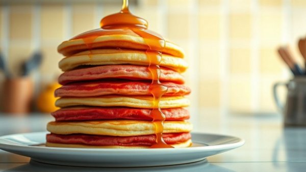 Colorful pancake stack drizzled with syrup in modern kitchen for healthy family meals.