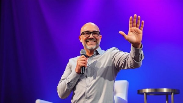 AI-loaded software bundle keynote speaker waving on stage