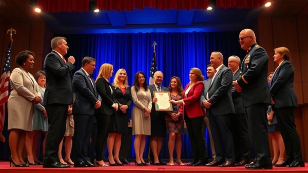 Army AI innovations award ceremony with diverse group on stage.