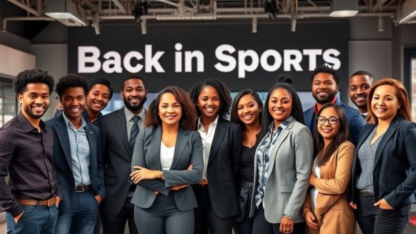 Group photo at Black in Sports panel in a modern studio setting.