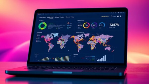 Laptop featuring interactive geospatial dashboard using Folium, vibrant background.