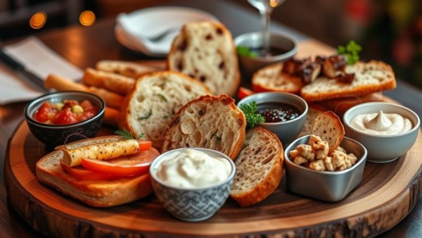 Delicious gourmet bread and dips at San Antonio restaurants, showcasing culinary art.