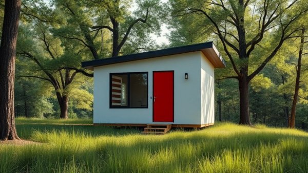 Modern tiny house living, red accents in a lush setting.