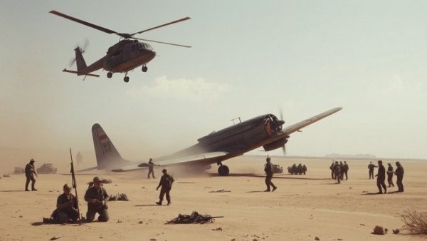 Aerial view of Operation Eagle Claw scene with aircraft wreckage and helicopter.