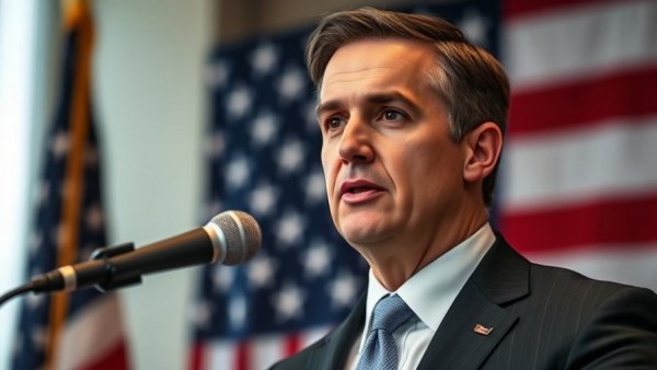 Business professional discusses hiring trends with a microphone, flag in background.