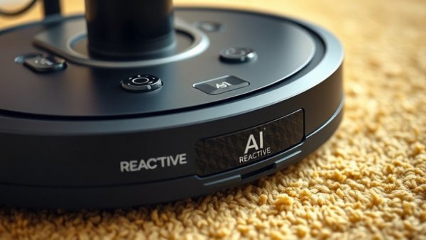 Close-up of robot vacuum with obstacle recognition sensors on carpet.