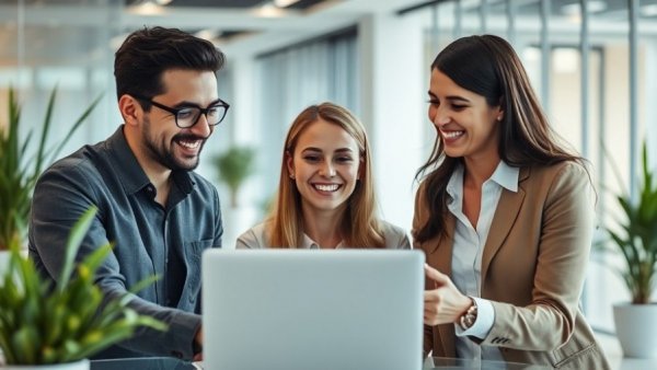 Cheerful colleagues using laptop in modern office, concept for T-Mobile business internet 2026.