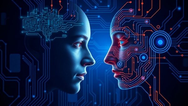 Human and AI communication concept with circuit patterns.