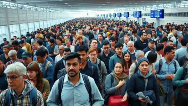 Crowded airport terminal amid Middle East flight cancellations.