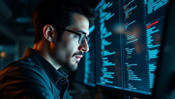 Reflective male coder analyzing code in a dark office environment.