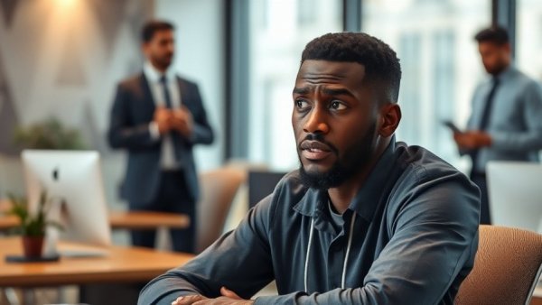 Young Black man experiencing workplace discrimination, colleagues in background.