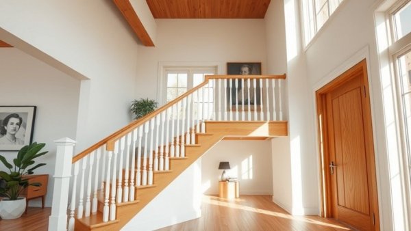 Bright hallway with wooden staircase and white accents, avoiding bright white trim in home office.