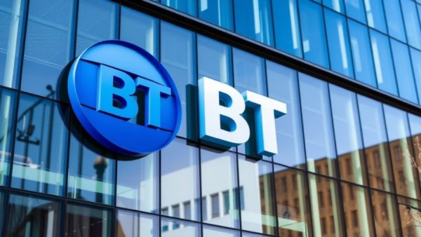 BT logo on glass building amid broadband price hikes concern.
